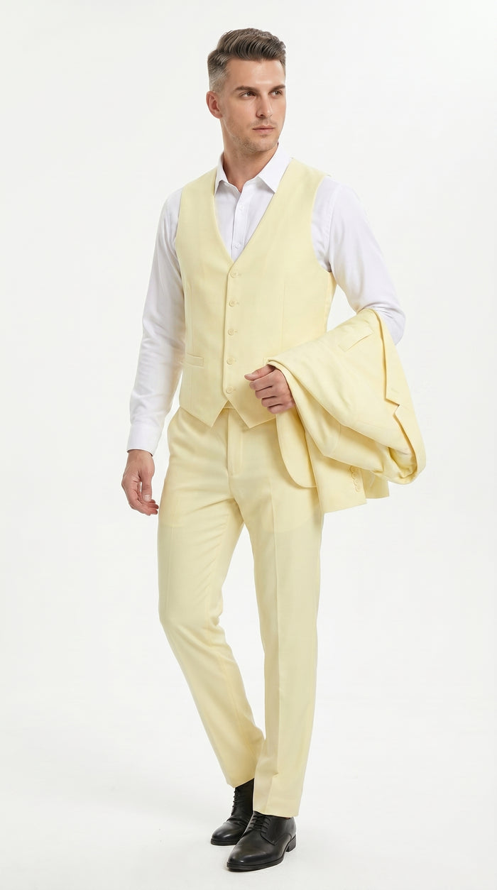 Men’s Yellow Seersucker Suit with Jacket, Vest and Pants, Summer Wedding Prom Dress Suit Modern Fit
