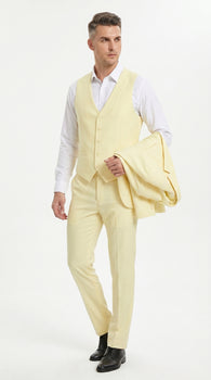 Men’s Yellow Seersucker Suit with Jacket, Vest and Pants, Summer Wedding Prom Dress Suit