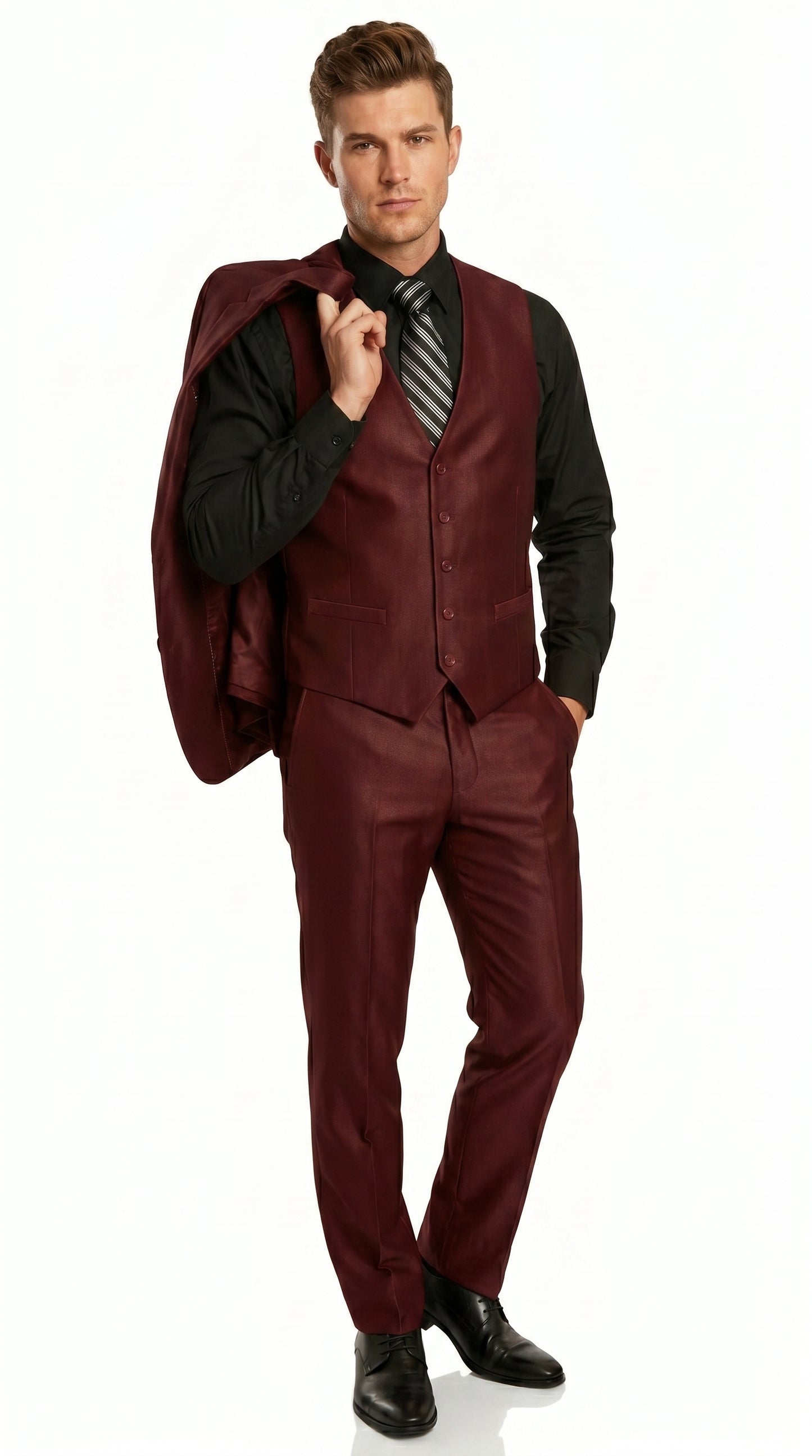 Men’s Burgundy Wine Maroon Sharkskin Vested Suit with Jacket, Vest and Pants
