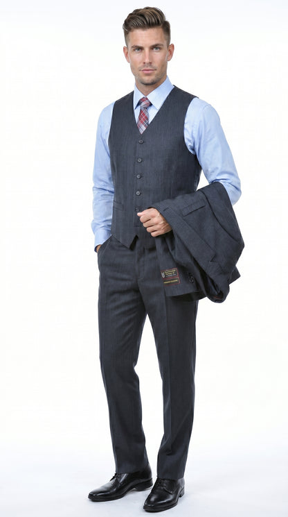 Men’s Charcoal Grey 2 Button Vested Business Suit, Formal Wedding Dress Suit