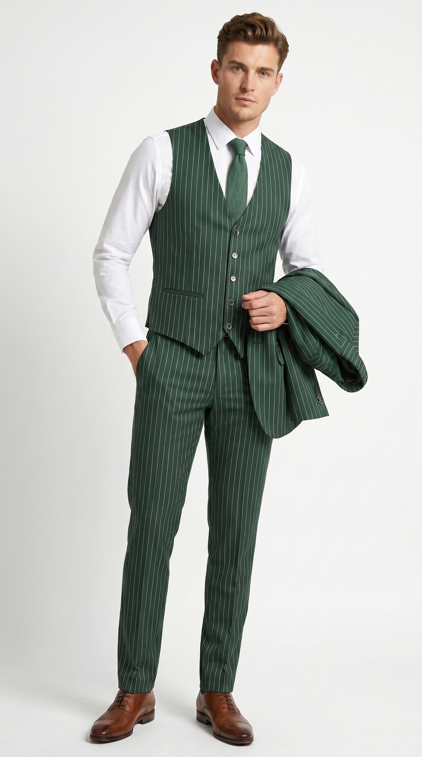 Men’s Hunter Green Great Gatsby Pinstripe 3 Piece Suit, 1920s Gangster Outfit