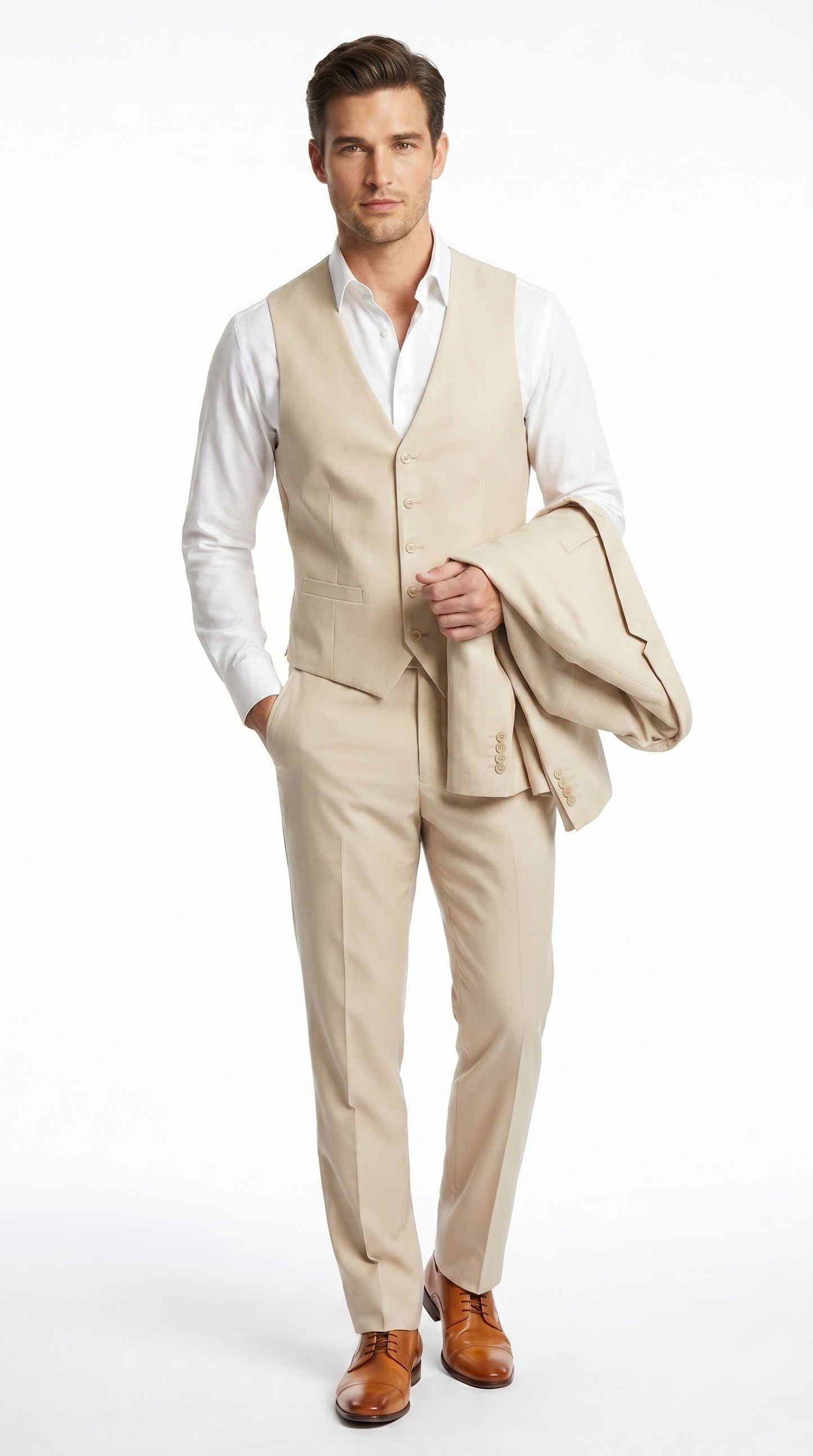Men’s Champagne Wedding Suit with Vest, Summer Formal Groom and Beach Wedding Suit Tan / 44 Regular Jacket