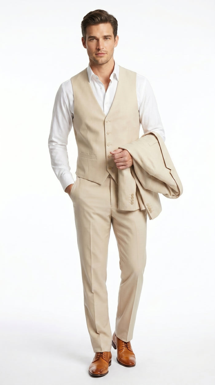 Men’s Champagne Wedding Suit with Vest, Summer Formal Groom and Beach Wedding Suit