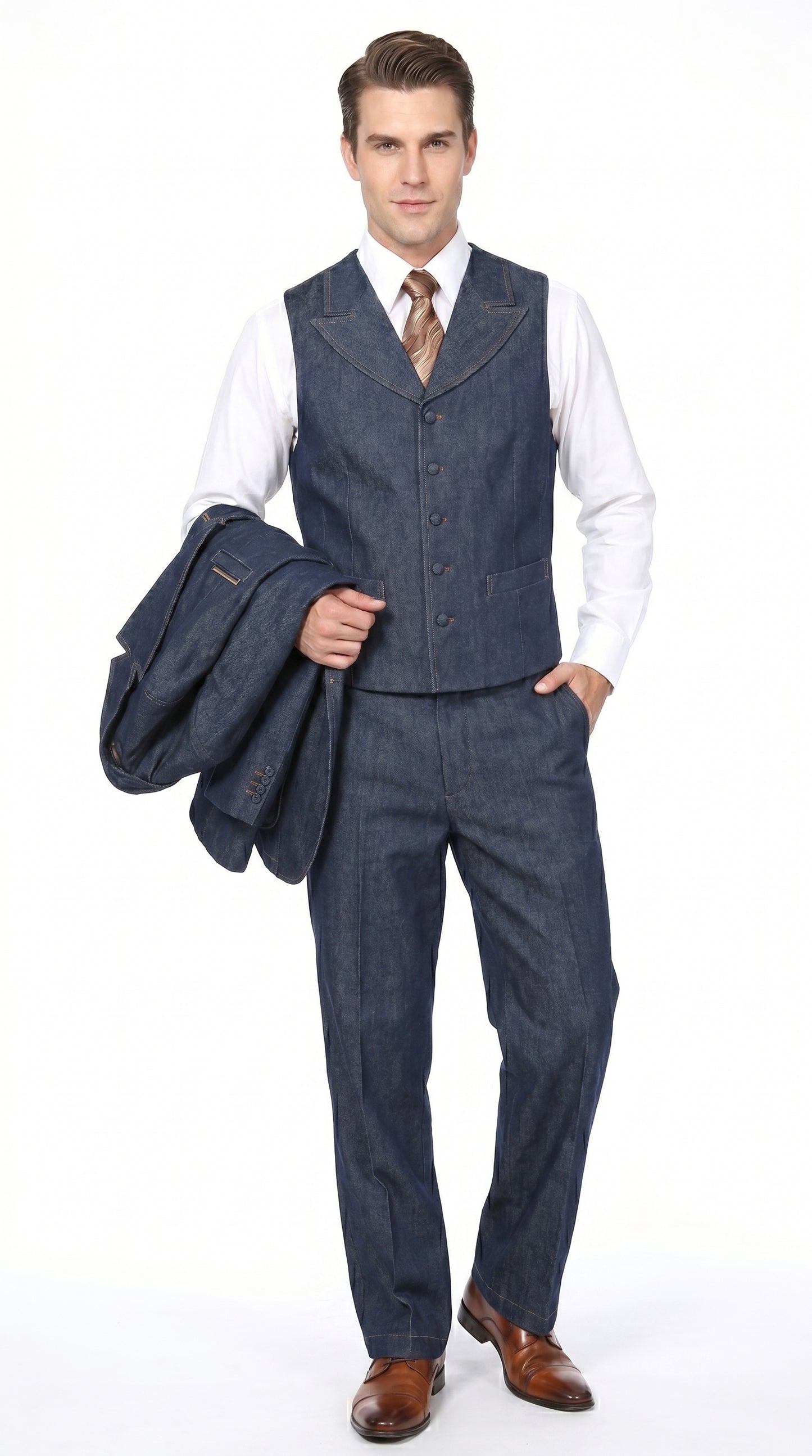 Men’s Blue Denim Zoot Suit with Long Jacket and Vest, Vintage Jeans Style Formal Outfit