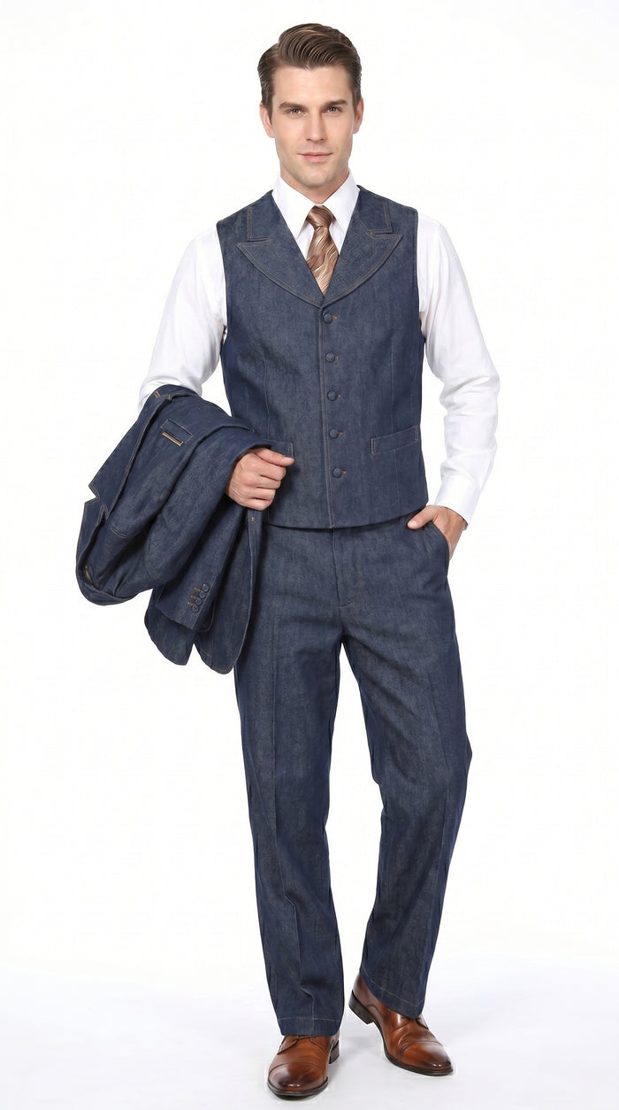 Men’s Blue Denim Zoot Suit with Long Jacket and Vest, Vintage Jeans Style Formal Outfit