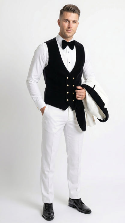 Men’s White and Black Wedding Tuxedo with Black Double Breasted Vest, Groom Prom Suit