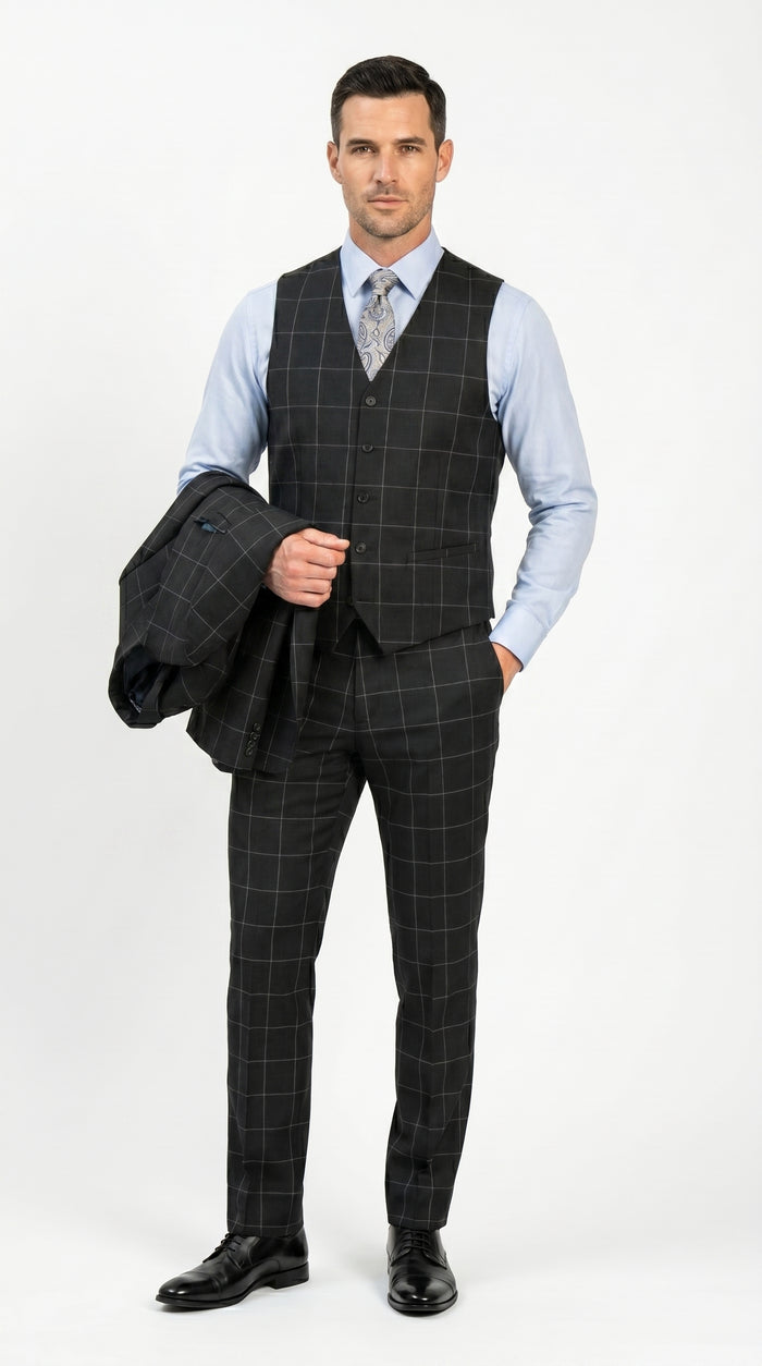 Men’s Black Windowpane Plaid 3 Piece Suit, 1920s Inspired Formal Dress Suit