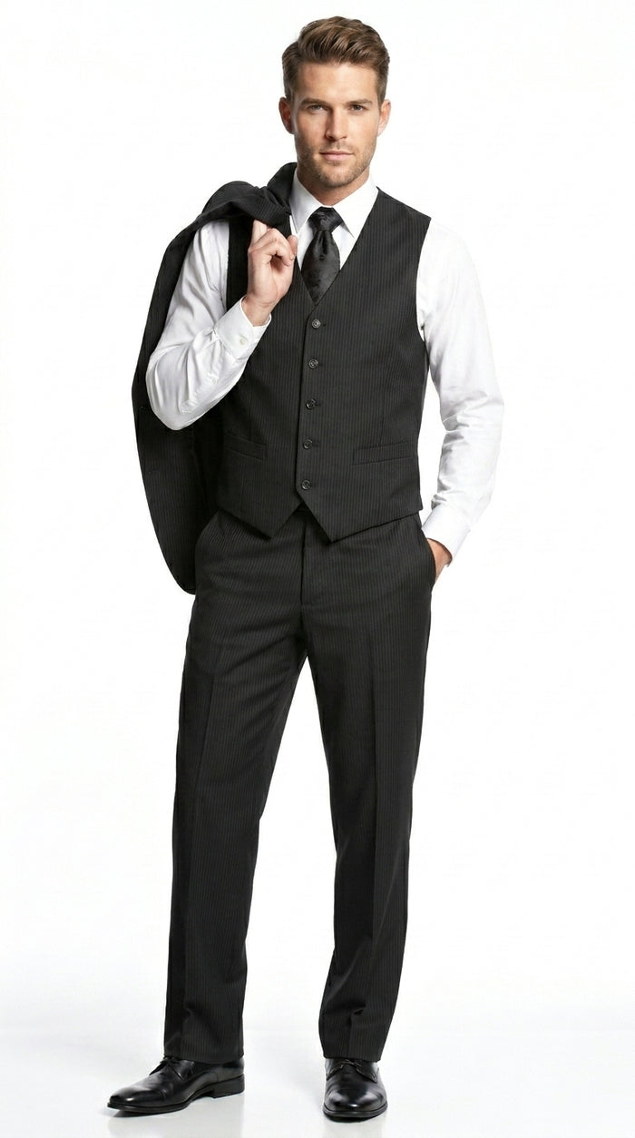 Men’s Black Shadow Stripe 3 Piece Suit, Tone on Tone Pinstripe Italian Design Formal Suit
