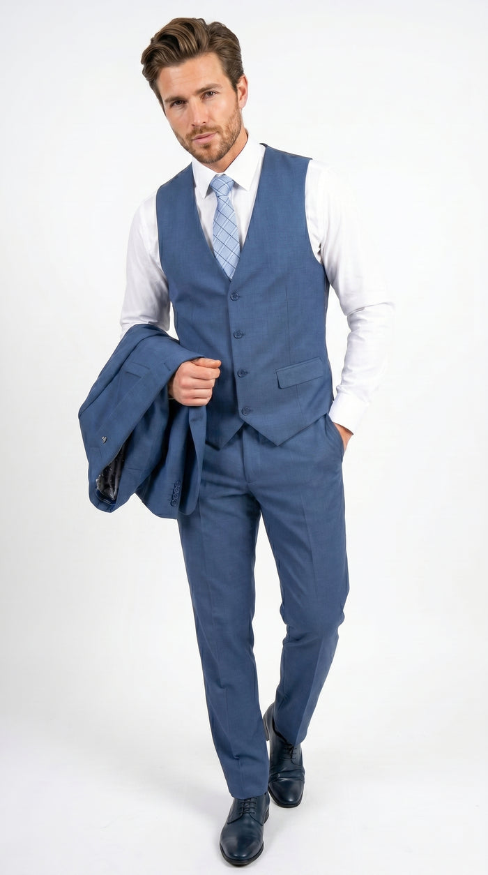 Men’s Stacy Adams Indigo Blue 3 Piece Suit with Vest, Modern Fit Formal Dress Suit
