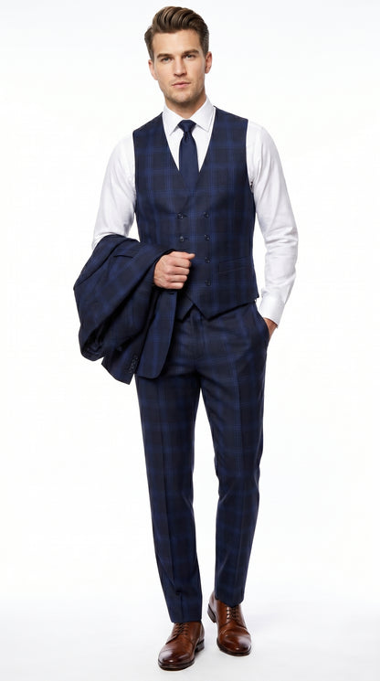 Men’s Indigo Sapphire Blue Plaid 3 Piece Suit with Double Breasted Vest, Slim Fit Windowpane Suit