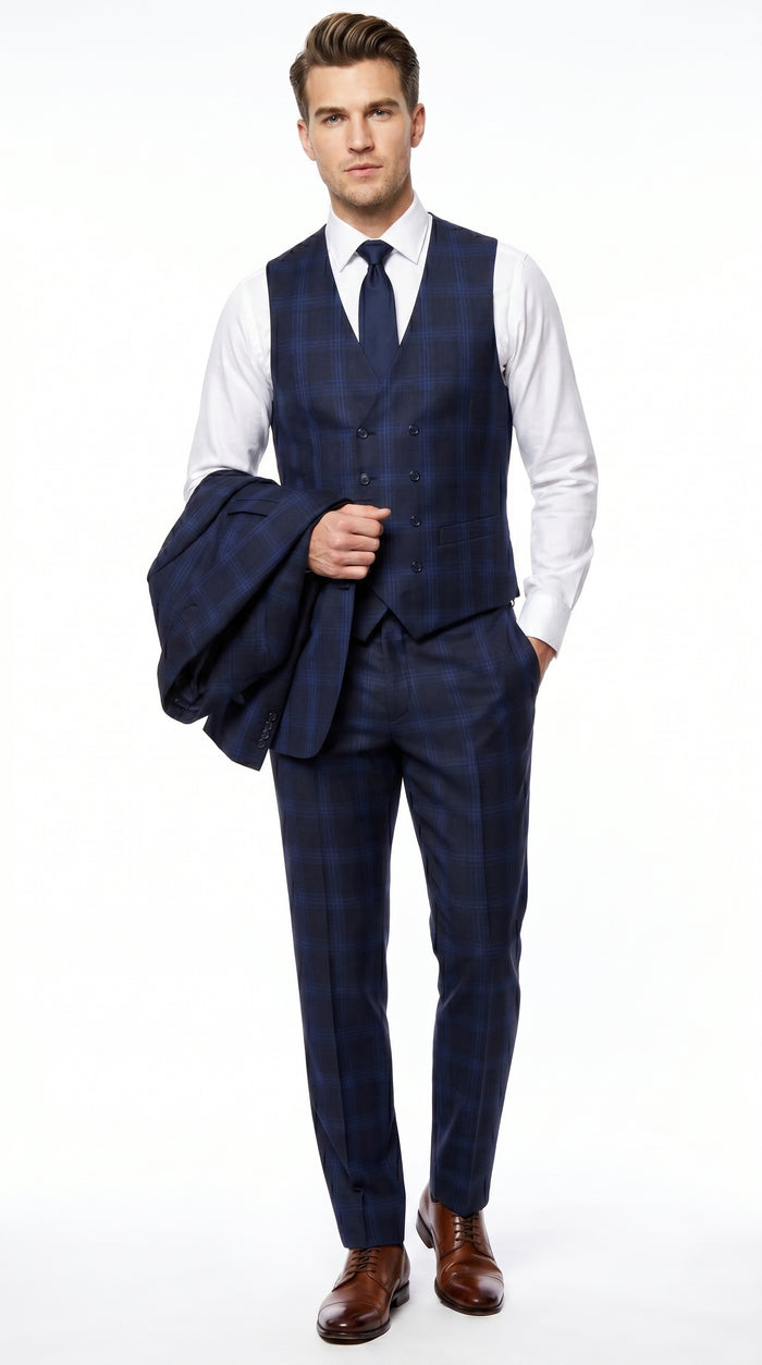 Men’s Indigo Sapphire Blue Plaid 3 Piece Suit with Double Breasted Vest, Slim Fit Windowpane Suit
