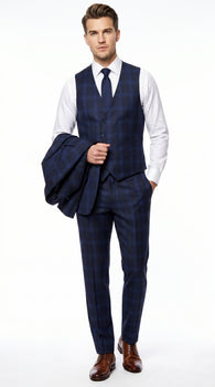 Men’s Indigo Sapphire Blue Plaid 3 Piece Suit with Double Breasted Vest, Slim Fit Windowpane Suit