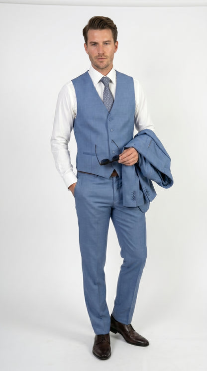 Men’s Ice Blue 3 Piece Suit with Vest, Formal Wedding Prom Dress Suit Modern Fit