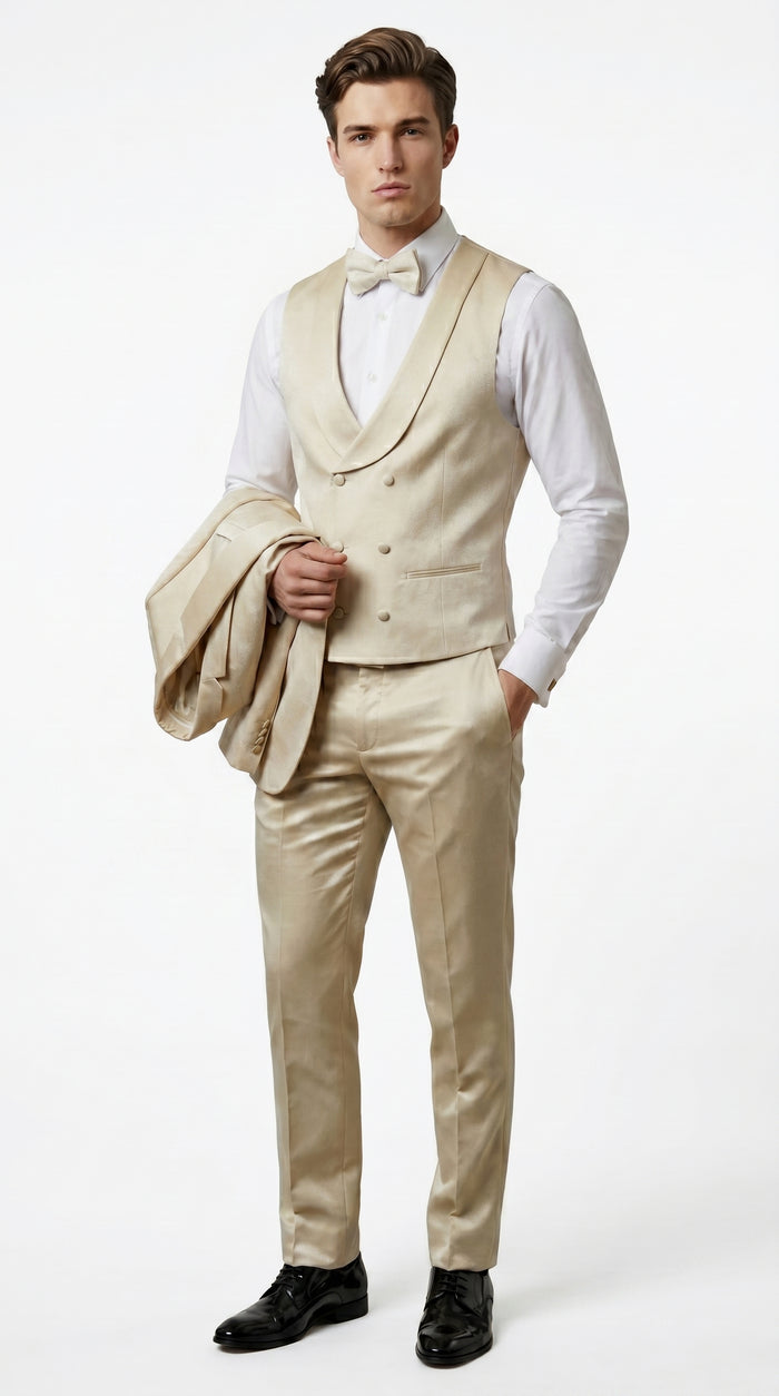 Men’s Tan Floral Shawl Lapel Tuxedo Set, Wedding and Prom Formal Suit