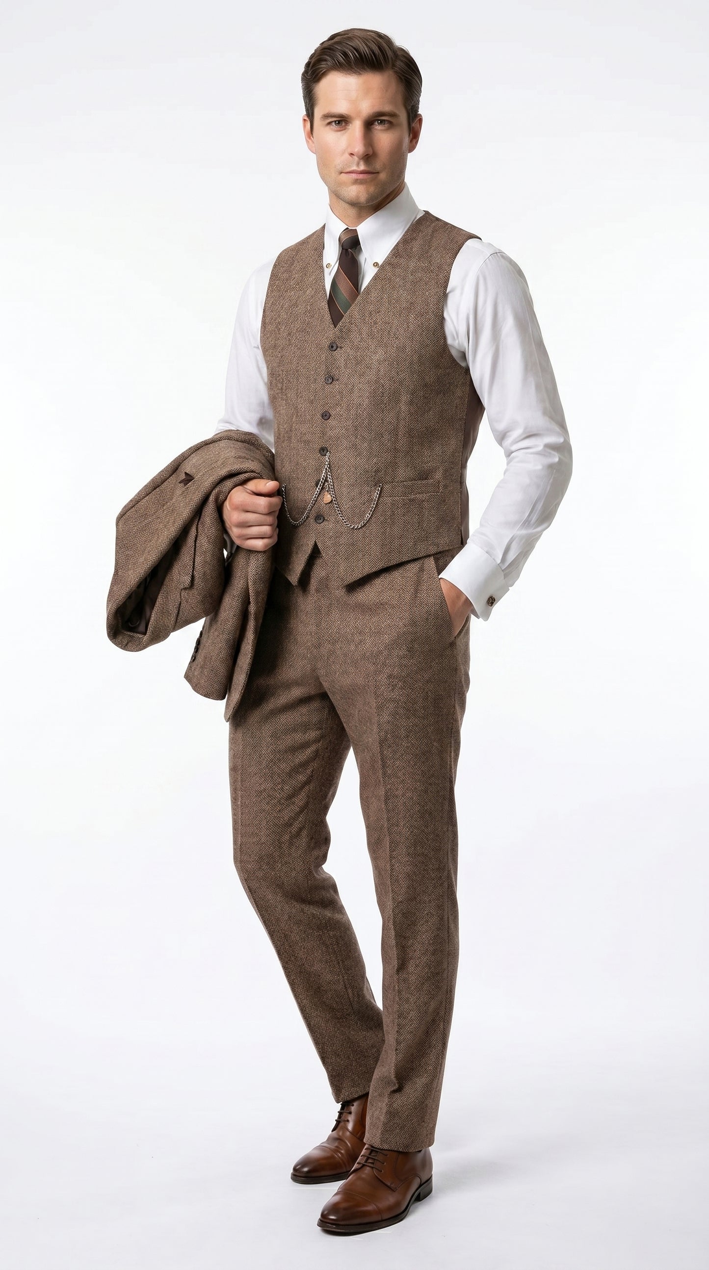 Men’s Light Brown Great Gatsby Tweed Herringbone Vested Suit, Tobey Maguire Inspired 1920s Formal Outfit