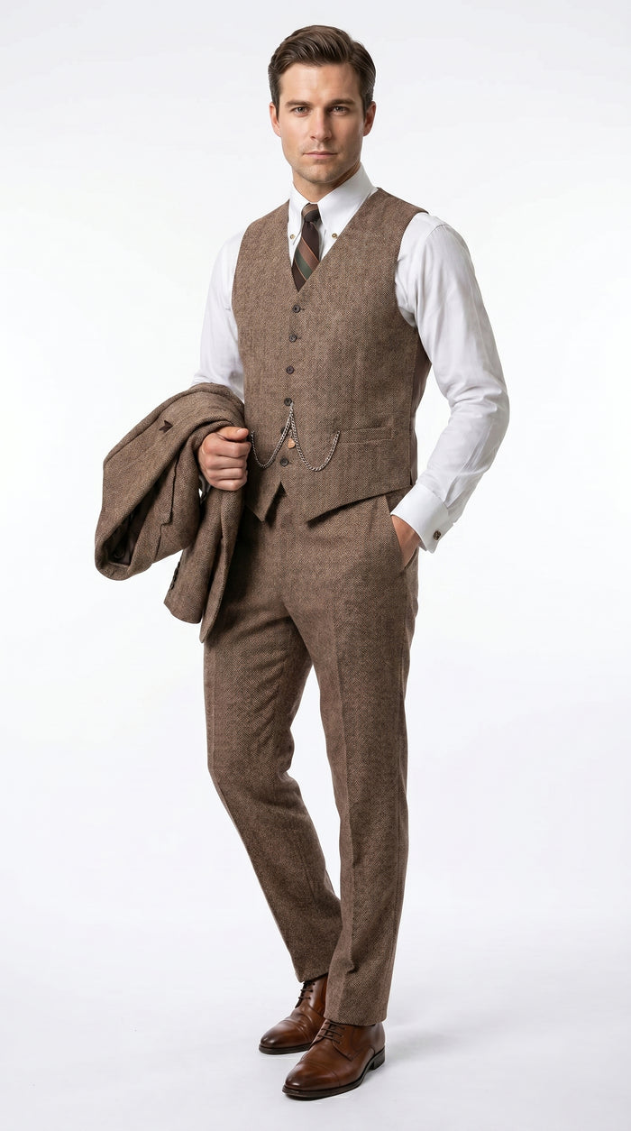 Men’s Light Brown Great Gatsby Tweed Herringbone Vested Suit, Tobey Maguire Inspired 1920s Formal Outfit Modern Fit