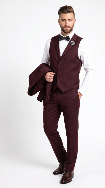 Men’s Burgundy Regular Fit Suit with Vest, Formal Wedding Prom Dress Suit Modern Fit
