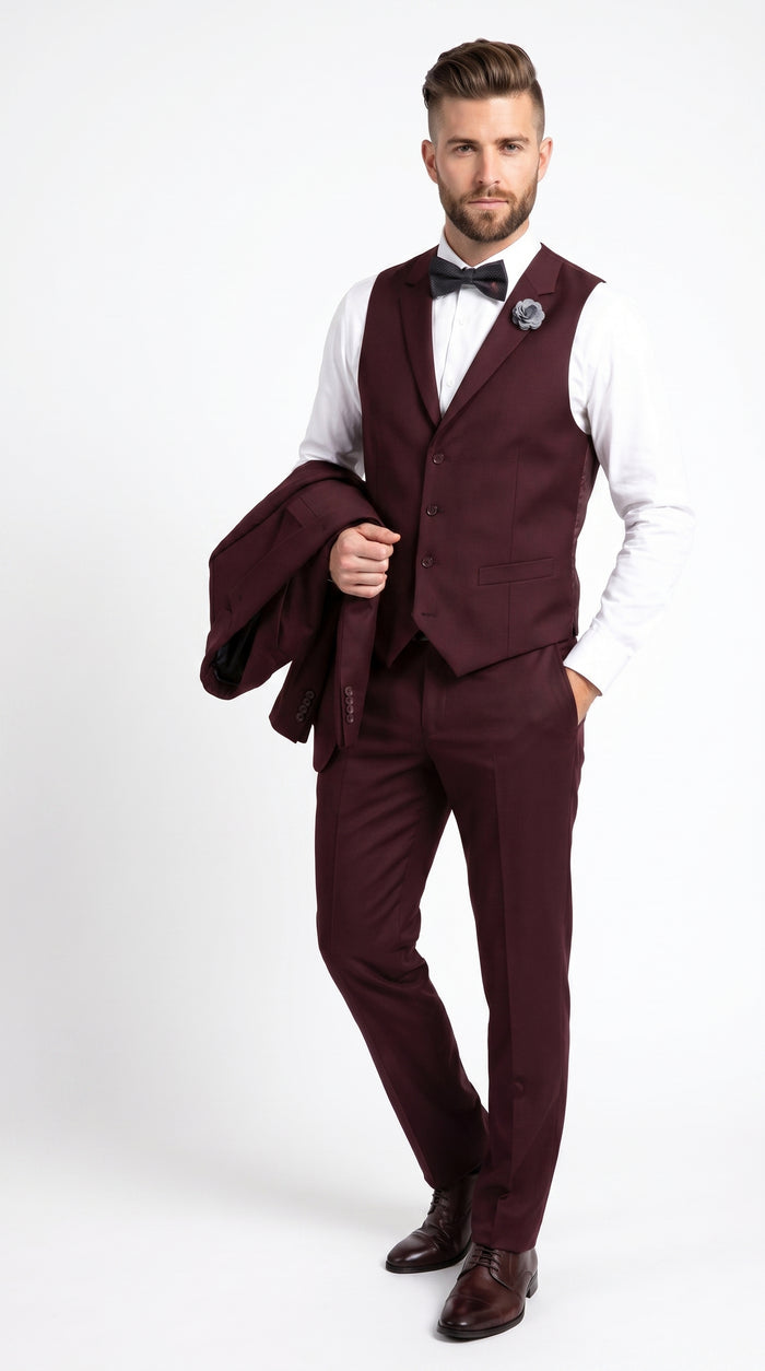 Men’s Burgundy Regular Fit Suit with Vest, Formal Wedding Prom Dress Suit Modern Fit