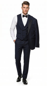 Alberto Nardoni Men’s Black Super 150s Wool Tuxedo with Peak Lapel, Double Breasted Vest and Flat Front Pants