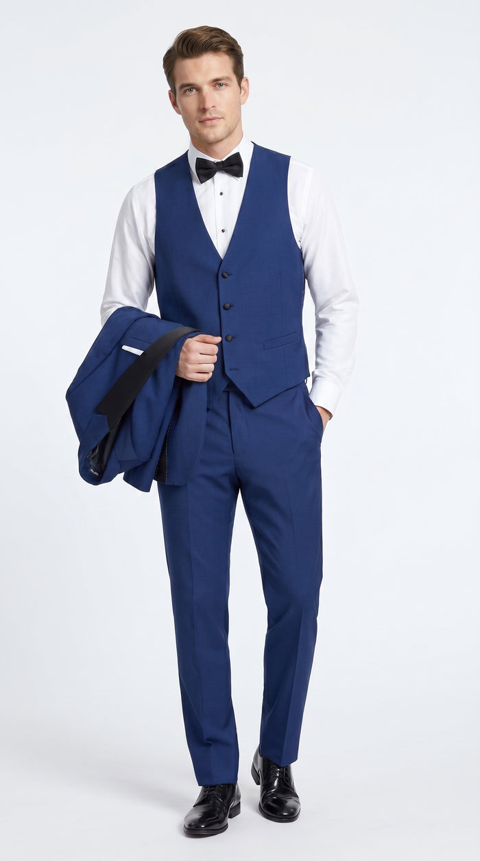 Men’s Indigo Blue Sapphire Cobalt Blue 1 Button Vested Tuxedo with Black Satin Peak Lapel