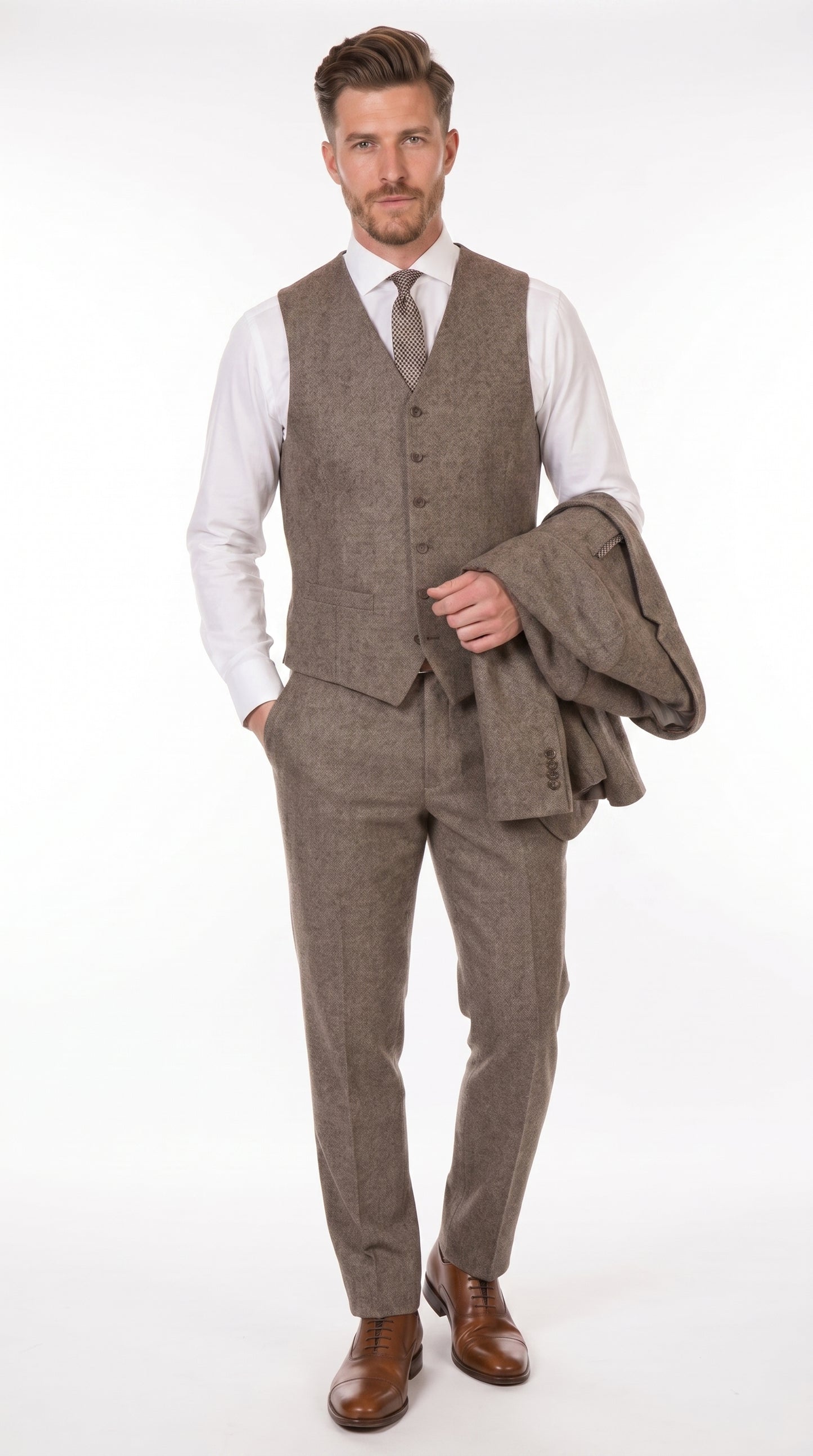 Men’s Vintage Brown Tweed Herringbone 1920s Suit, Classic Gatsby Style Dress Suit