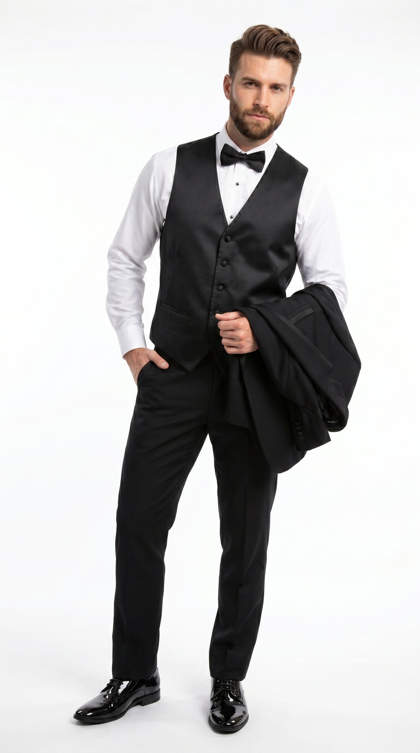 Men’s Black Modern 1 Button Tuxedo Suit with Satin Trim Peak Lapel and Wide Lapel Design