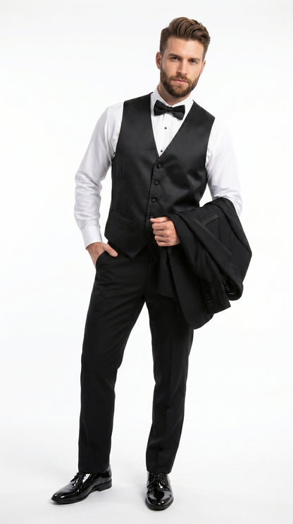 Men’s Black Modern 1 Button Tuxedo Suit with Satin Trim Peak Lapel and Wide Lapel Design