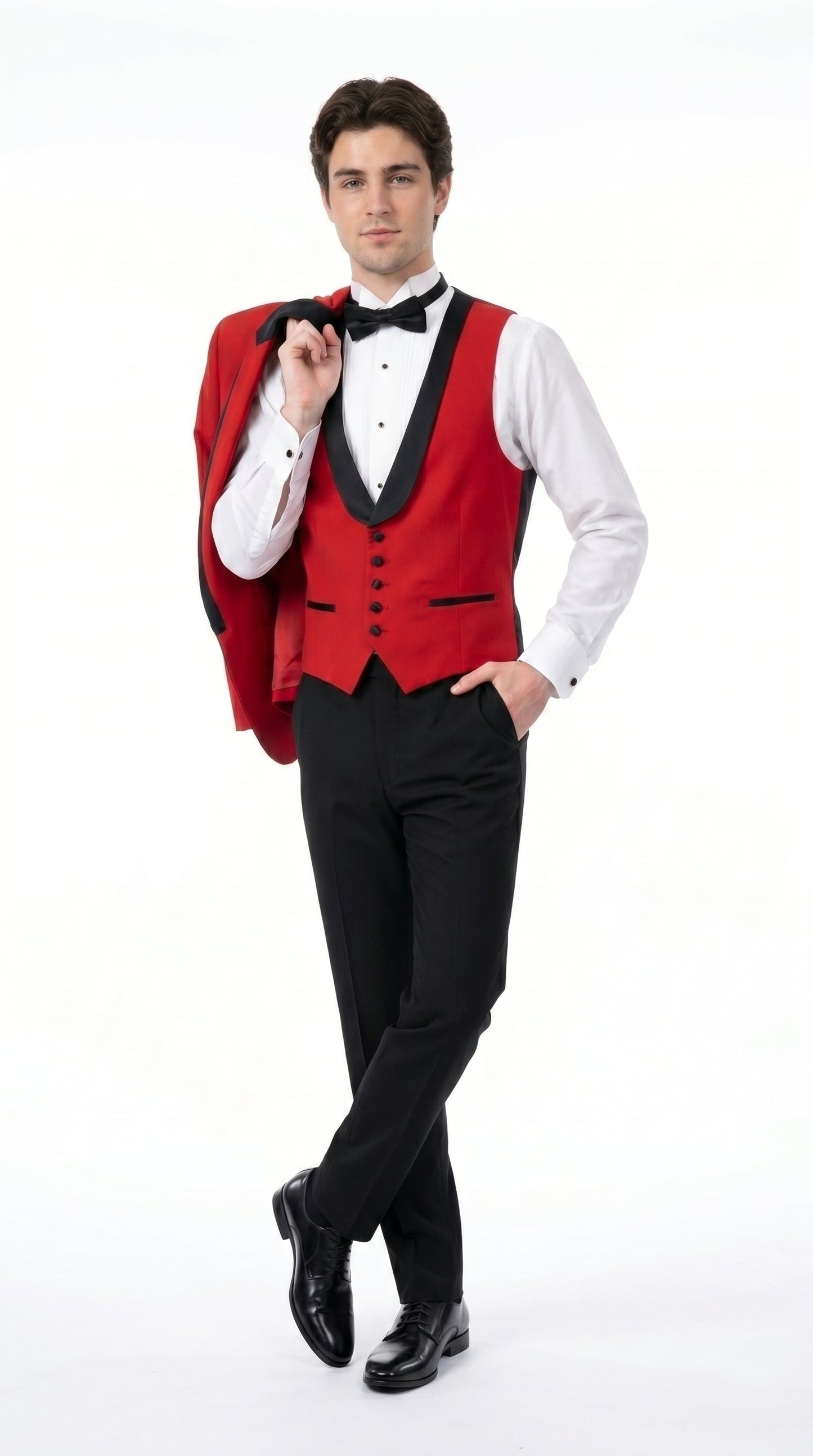 Men’s Red Prom Tuxedo Suit with Vest and Black Trim, Formal Wedding Dinner Suit