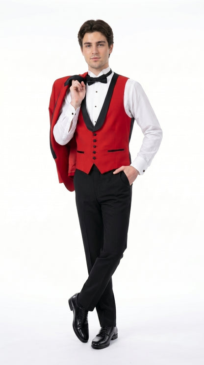 Men’s Red Prom Tuxedo Suit with Vest and Black Trim, Formal Wedding Dinner Suit