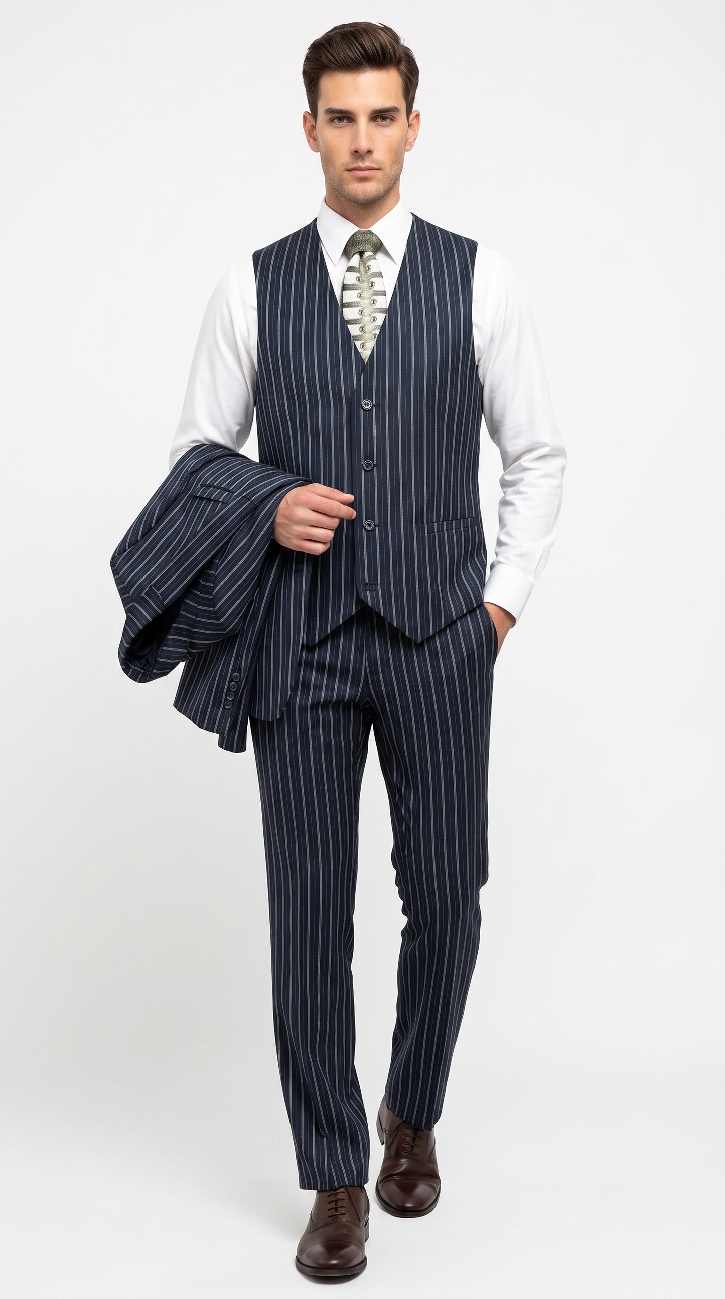 Men’s 1920s Gangster Dark Blue Bold Pinstripe 3 Piece Suit, Vested Fashion Suit with Pleated Pants