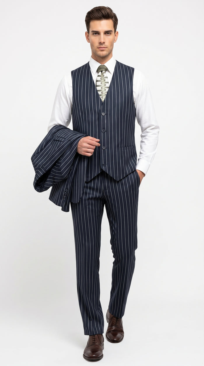 Men’s 1920s Gangster Dark Blue Bold Pinstripe 3 Piece Suit, Vested Fashion Suit with Pleated Pants Modern Fit