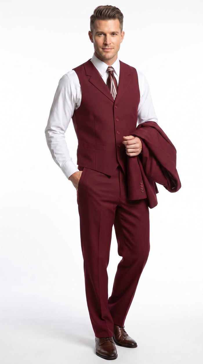 Men’s Burgundy Wine Maroon 3 Piece Vested Suit, Peak Lapel Formal Wedding Church Dress Suit Set