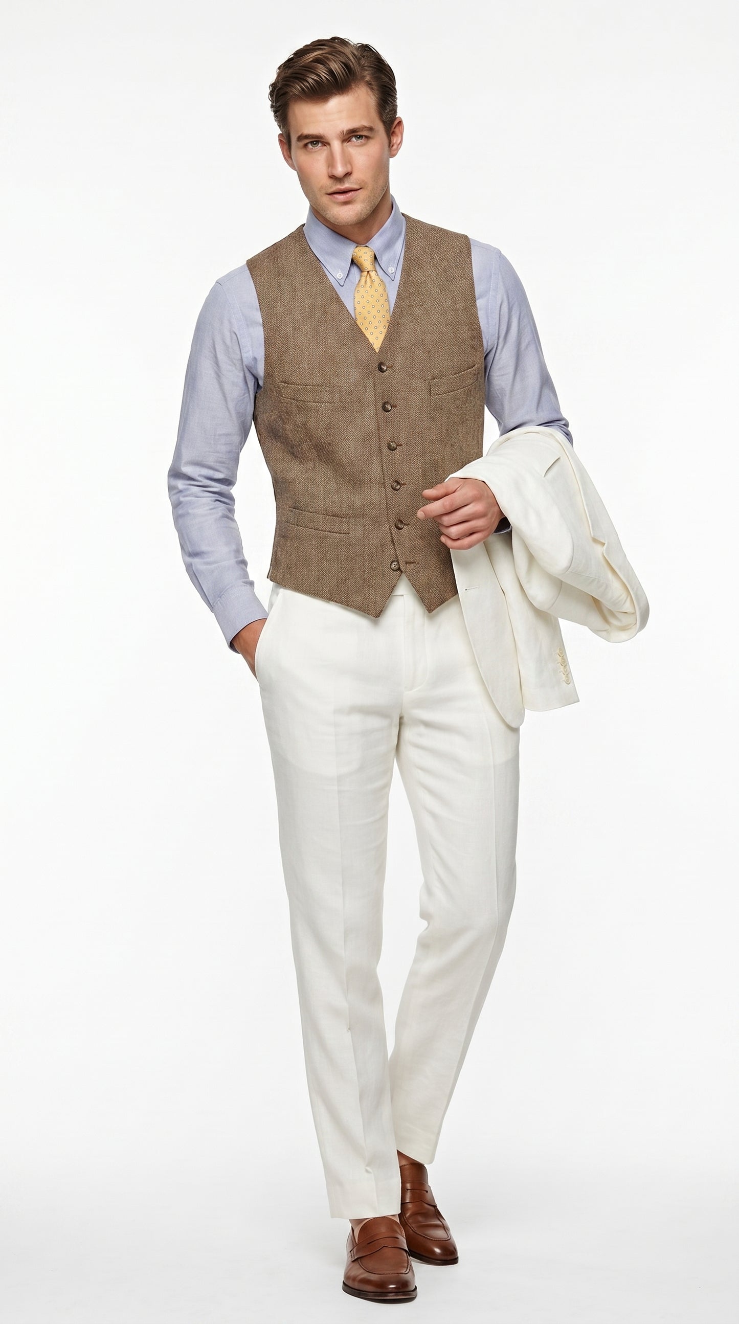 Men’s Off White Great Gatsby 3 Piece Suit, Vintage Wedding Prom Formal Vested Suit Set