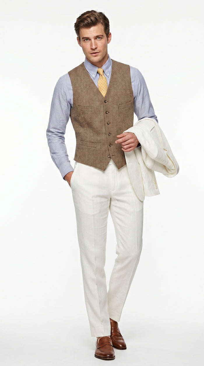 Men’s Off White Great Gatsby 3 Piece Suit, Vintage Wedding Prom Formal Vested Suit Set Modern Fit