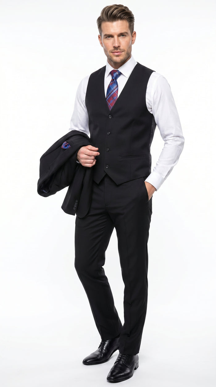 Men’s Black 3 Piece 2 Button Suit, Vested Formal Wedding Business Dress Suit Set