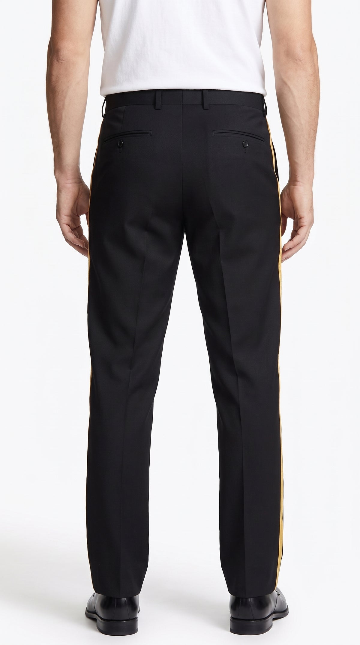 Men’s Black Tuxedo Pants with Gold Side Stripe – Flat Front Formal Dress Pants