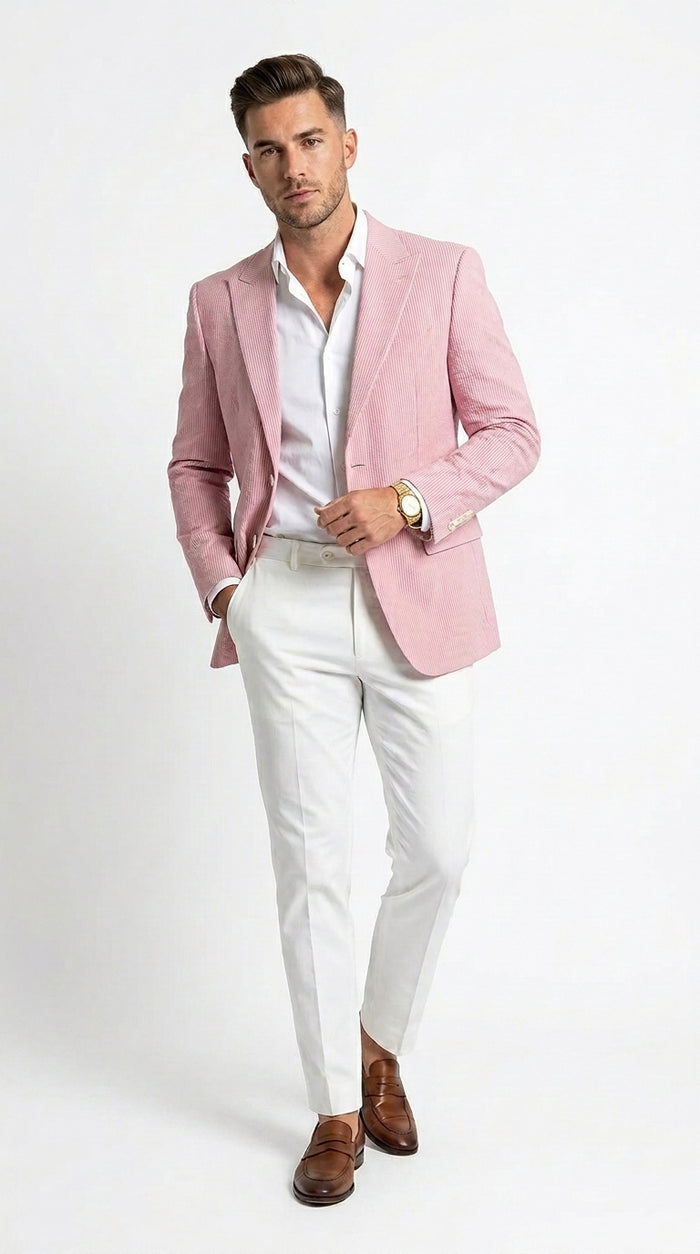 Men’s Light Red Seersucker Blazer Jacket with Notch Lapel, Dress Casual Sport Coat