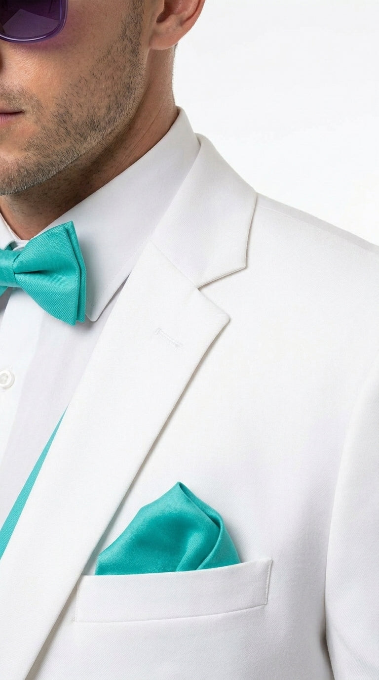 White and Turquoise Tuxedo Wedding Suit - White Dinner Jacket + Vest + Pants + Bow-tie