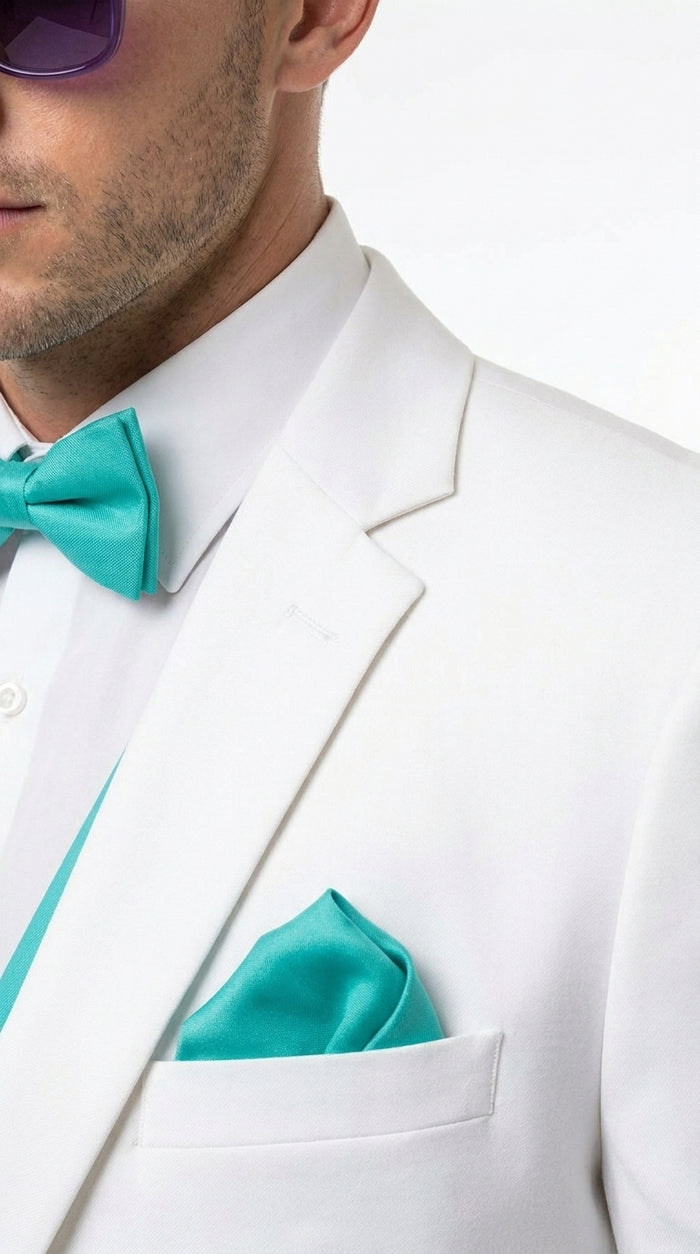 White and Turquoise Tuxedo Wedding Suit - White Dinner Jacket + Vest + Pants + Bow-tie