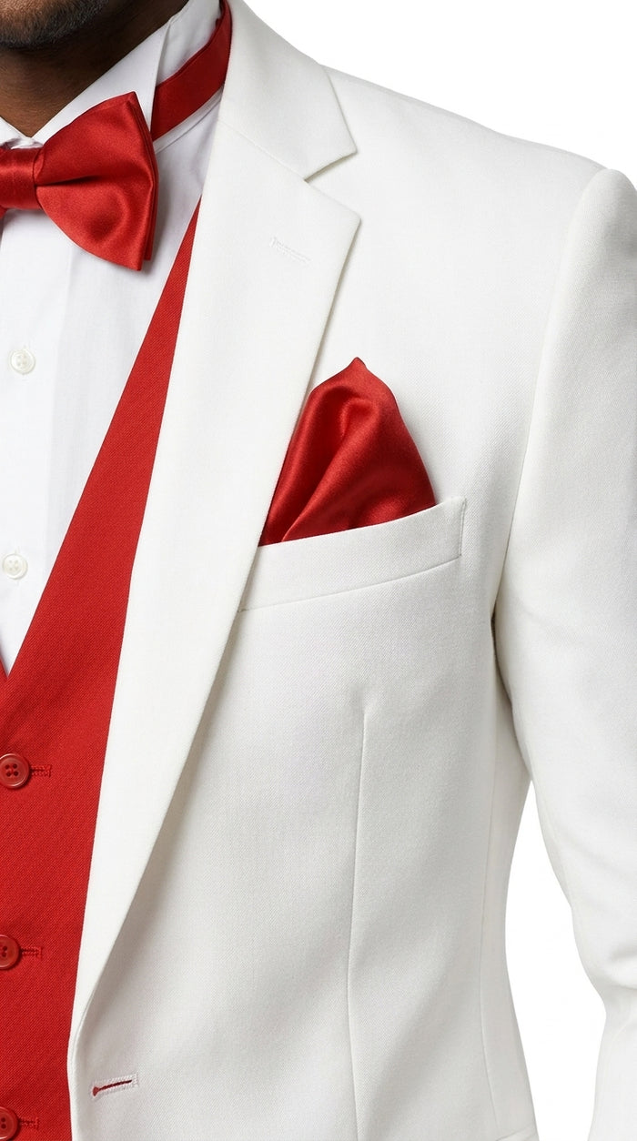 White and Red Tuxedo Wedding Suit - White Dinner Jacket + Vest + Pants + Bow-tie