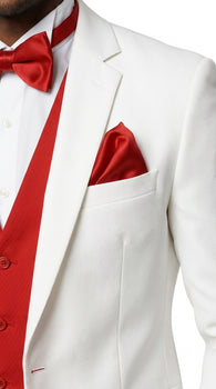 White and Red Tuxedo Wedding Suit - White Dinner Jacket + Vest + Pants + Bow-tie