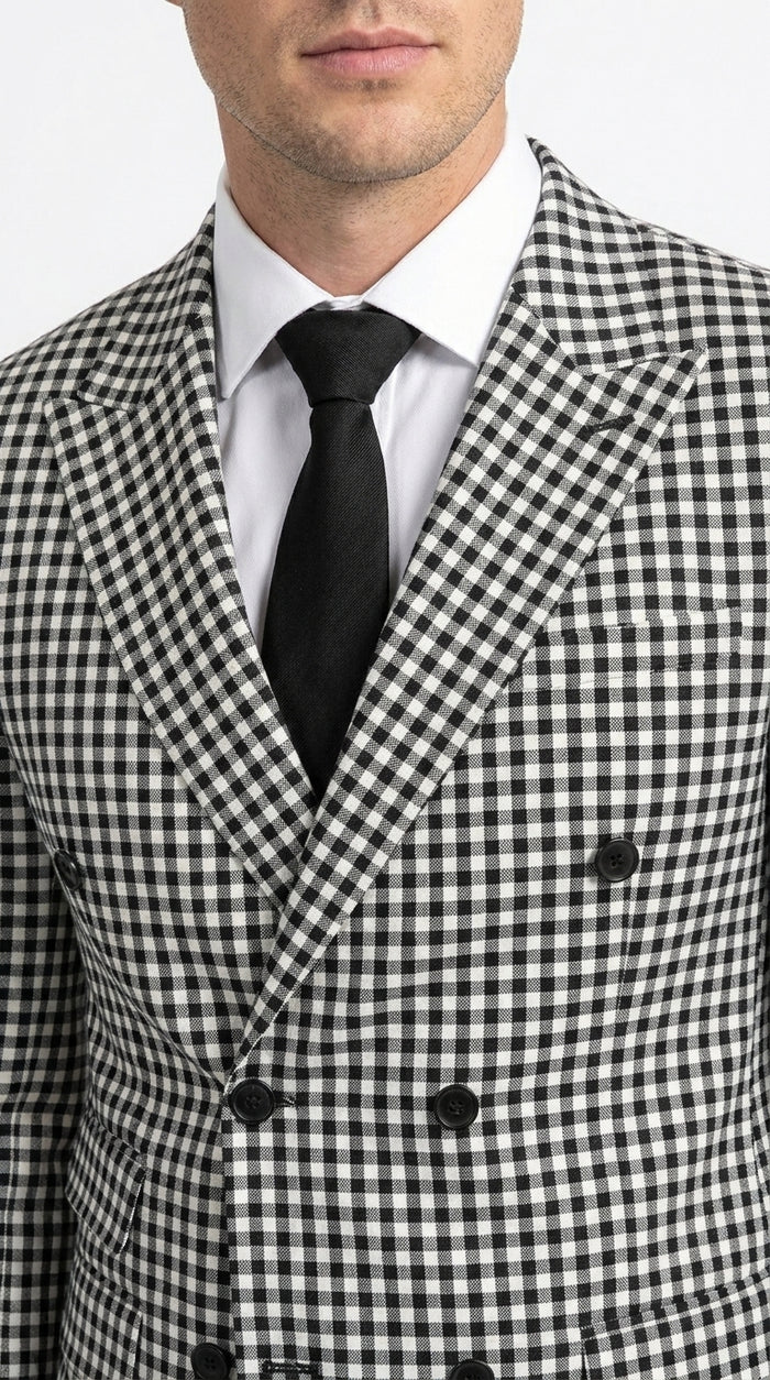 Men’s Black and White Houndstooth 2 Piece Wool Suit with Double Breasted Jacket and Pants  Modern Fit