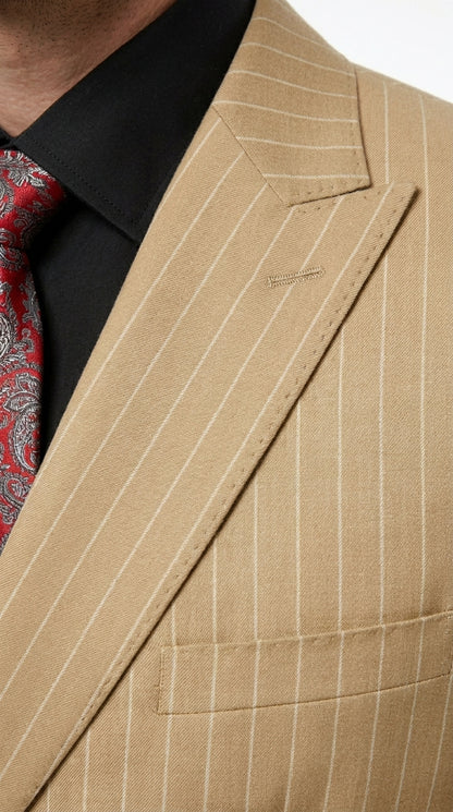 Mens Double Breasted Gangster Bold Pinstripe Suit in Camel