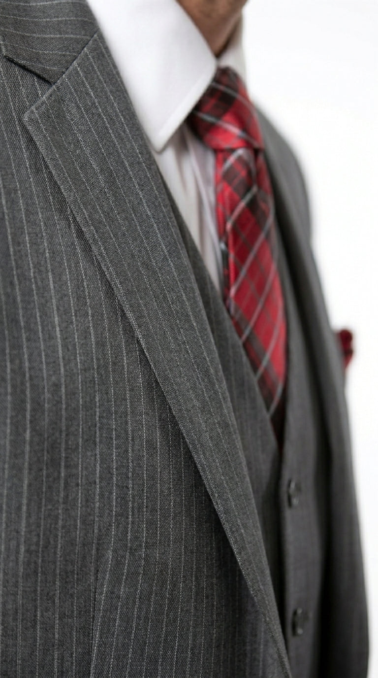 Men’s Medium Grey Classic Vested Pinstripe Suit with Jacket, Vest and Pants, Formal Dress Suit