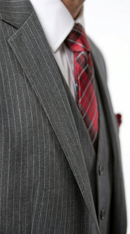 Men’s Medium Grey Classic Vested Pinstripe Suit with Jacket, Vest and Pants, Formal Dress Suit