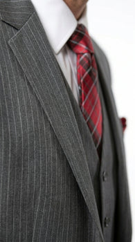 Men’s Medium Grey Classic Vested Pinstripe Suit with Jacket, Vest and Pants, Formal Dress Suit