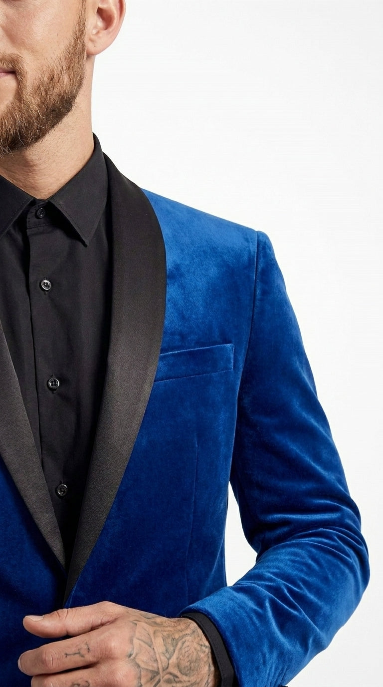 Men’s Blue 1 Button Blazer Jacket with Black Pants, Formal Party Wedding Dress Suit