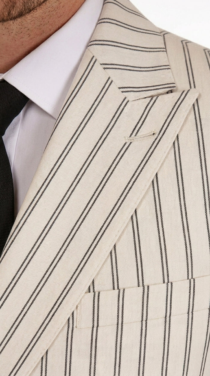 Men’s Off White Double Breasted Pinstripe Suit with Jacket and Pants, Formal Wedding Dress Suit