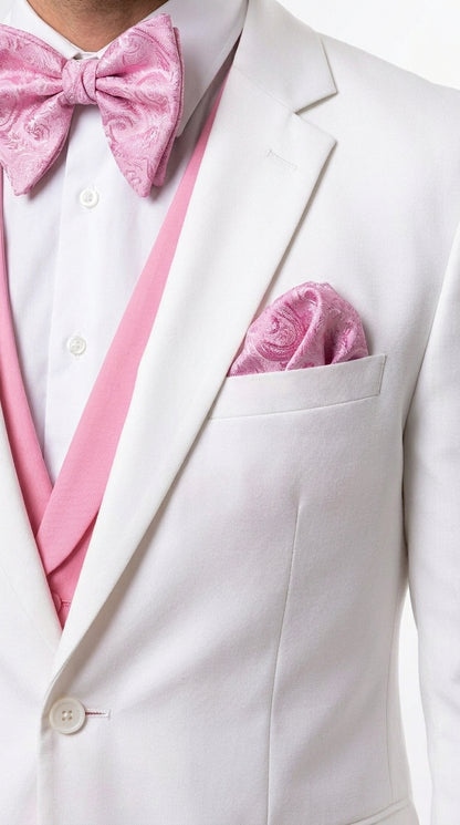 Men’s White and Light Pink Tuxedo Wedding Suit with Dinner Jacket, Vest, Pants and Bow Tie