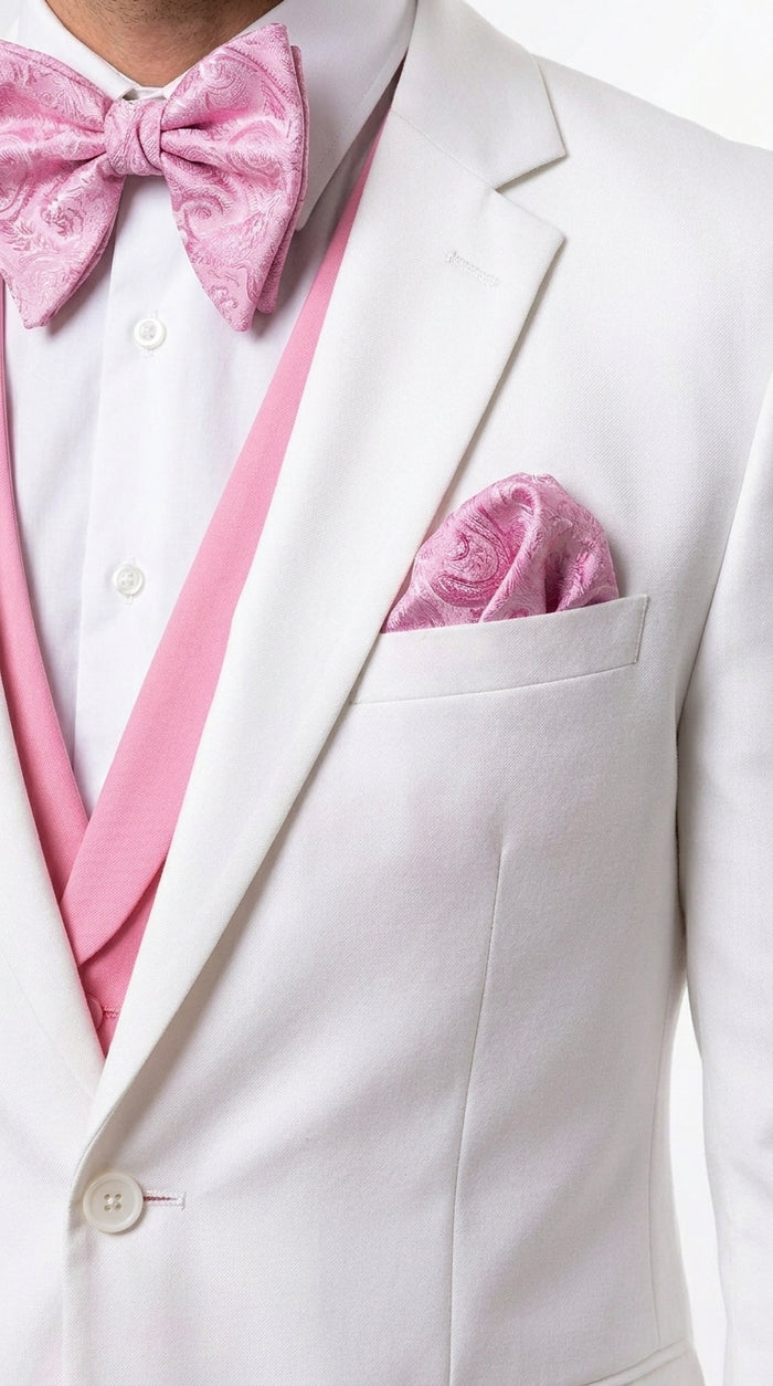 Men’s White and Light Pink Tuxedo Wedding Suit with Dinner Jacket, Vest, Pants and Bow Tie